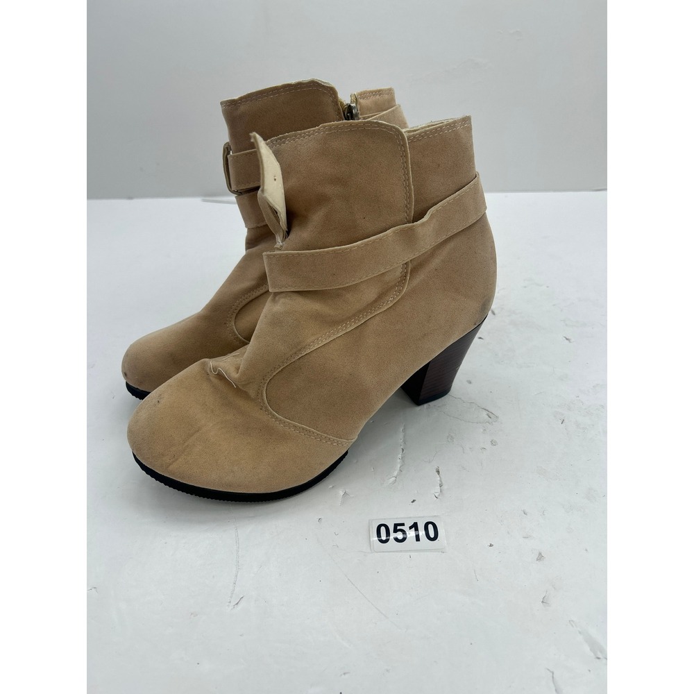 Ankle Boots Womens Size 40 Tan Suede Like Block‎ Heel Buckle Booties